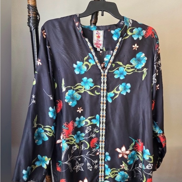 Johnny Was Tops - Johnny Was 100 percent silk Black Floral blouse